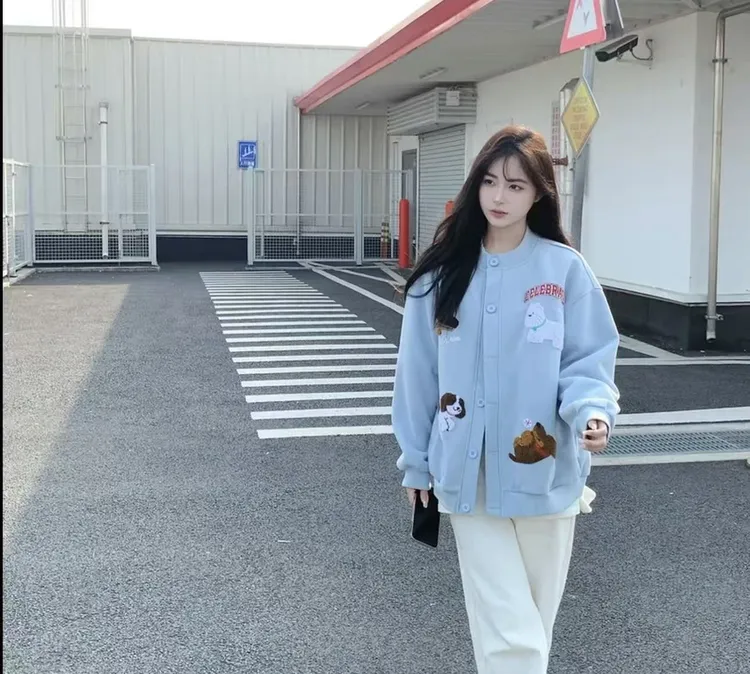 薪泽Fortitude-春秋季新款卡通毛绒小狗字母毛巾绣开衫慵懒风外套