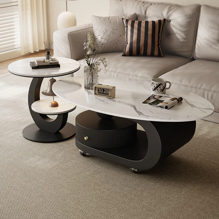 意式轻奢椭圆形岩板茶几组合客厅家用带抽屉设计师简约桌子边几