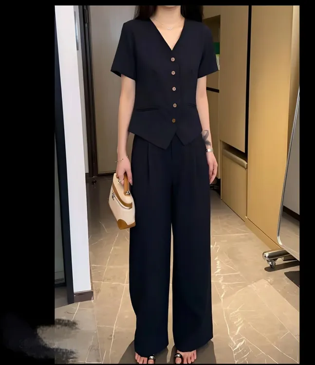 夏季新款大码洋气时尚减龄休闲遮肉胖MM上衣+阔腿裤显瘦套装