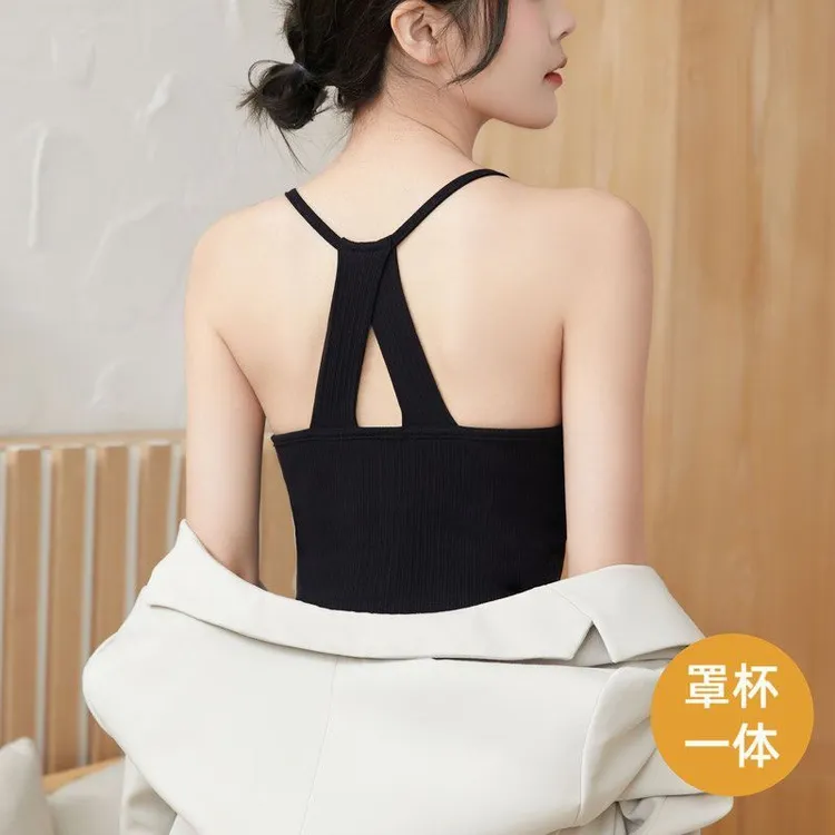 美背挂脖小吊带背心女内搭带胸垫文胸一体设计感外穿露背打底上衣
