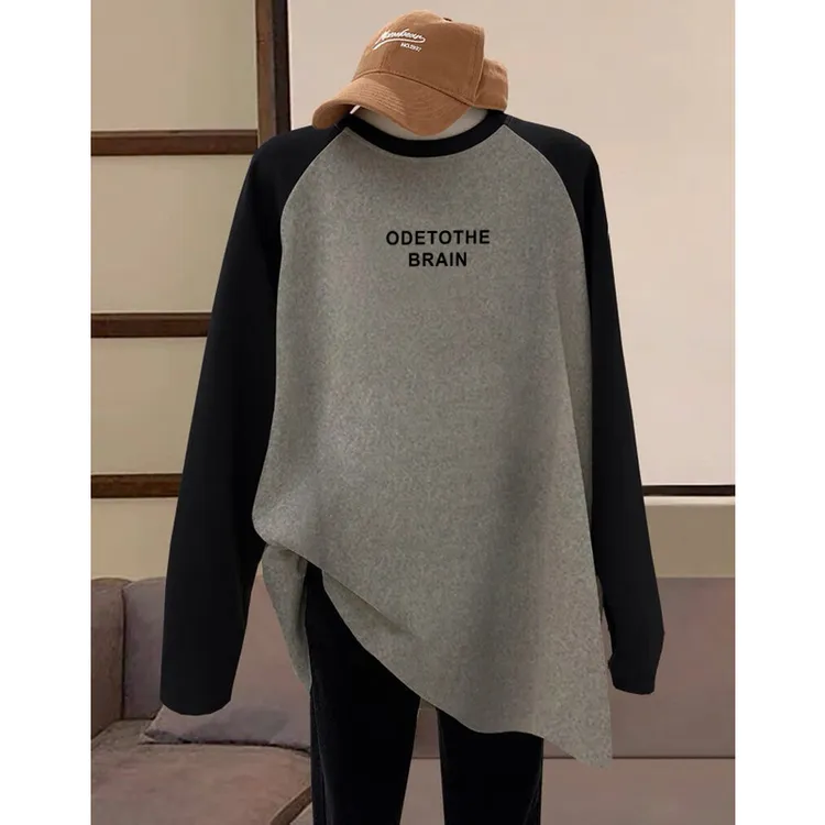 德绒磨毛保暖中长款遮屁股插肩拼接撞色长袖t恤女宽松打底衫秋冬