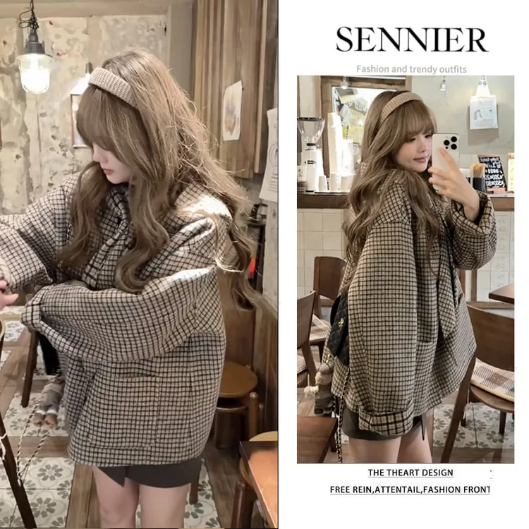 韩系格纹连帽系带外套女今年秋冬季新款宽松慵懒休闲百搭气质上衣