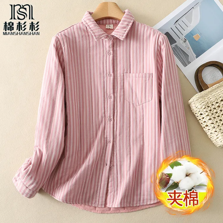 条纹夹棉冬季衬衫女 长袖纯棉棉纱 宽松遮肉保暖衬衣女可外穿内搭