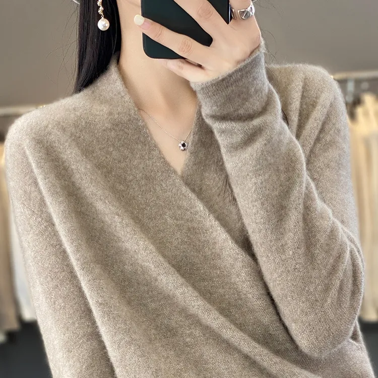 100%纯羊毛衫新款女V领交叉领时尚针织衫打底毛衣