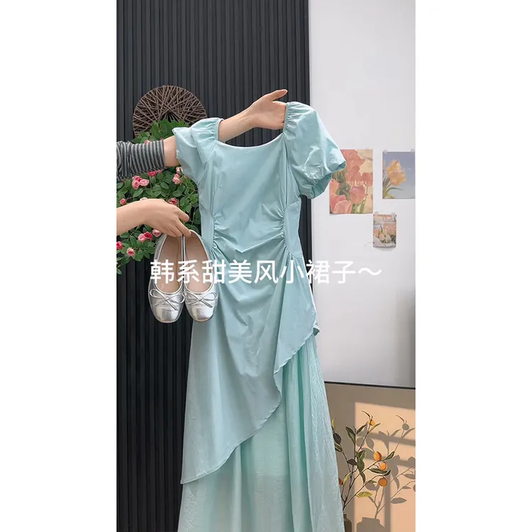 法式绝美泡泡袖褶皱收腰连衣裙女2025夏季新款气质设计感拼接长裙