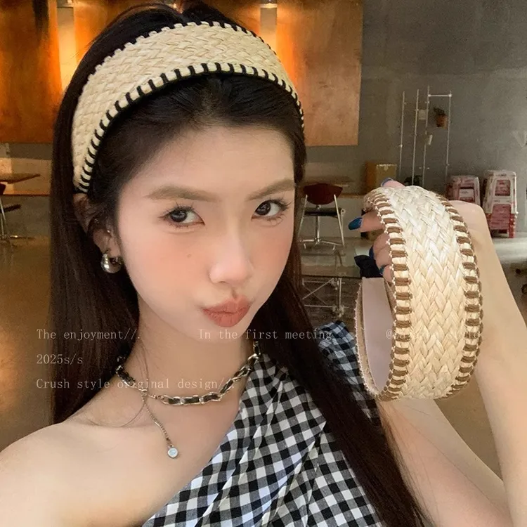 精致千金~度假风草编宽边发箍头饰女夏天海边波西米亚高颅顶配饰