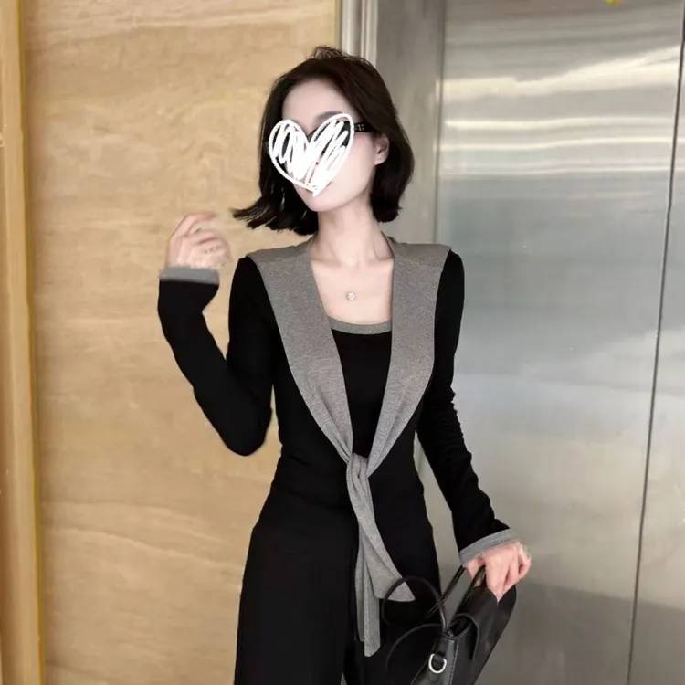 2025早秋新款正肩长袖+披肩修身显瘦纯欲百搭气质小众两件上衣潮