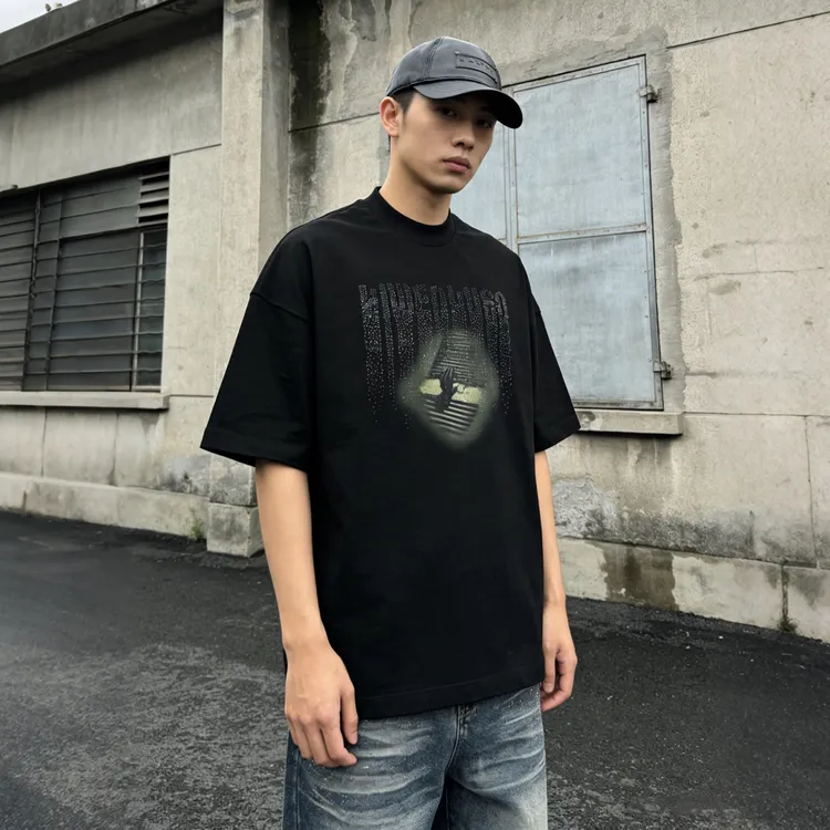 美式重磅350g2026夏季新款休闲纯棉T恤中性宽松潮牌小众印花烫钻