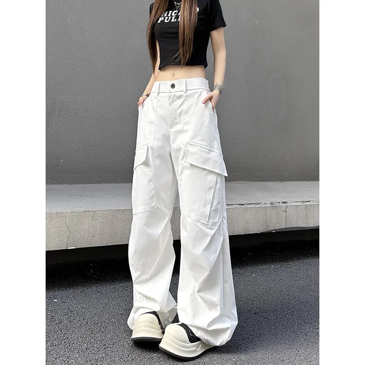 复古高街秋季白色工装裤男女ins阔腿裤卫裤牛仔裤裤子休闲拖地裤
