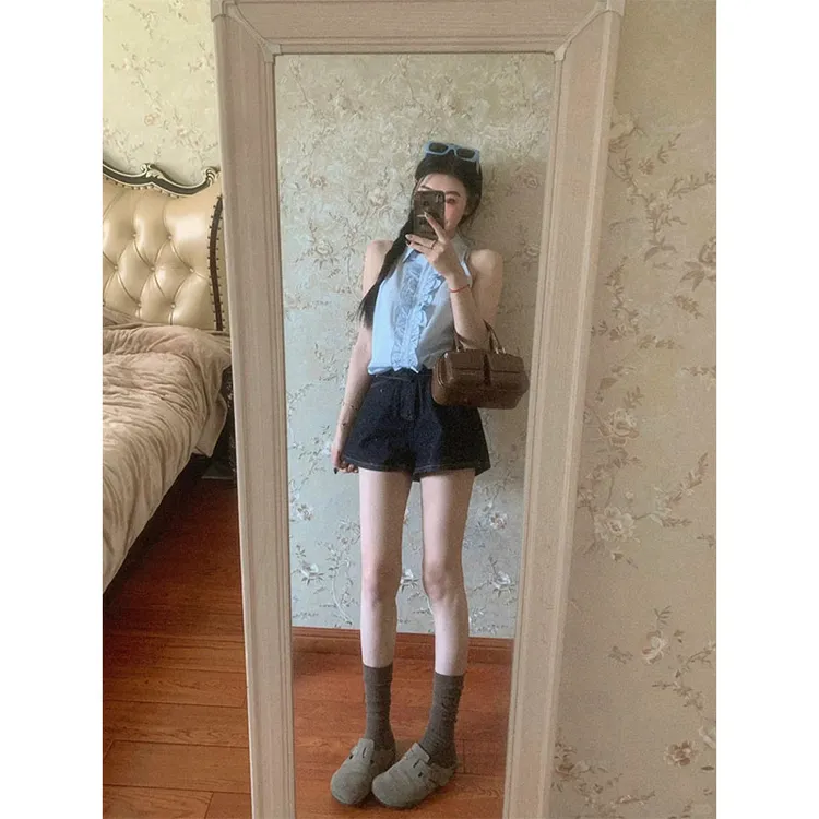 甜美温柔风休闲百搭时尚设计感花边无袖上衣高腰显瘦直筒短裤套装