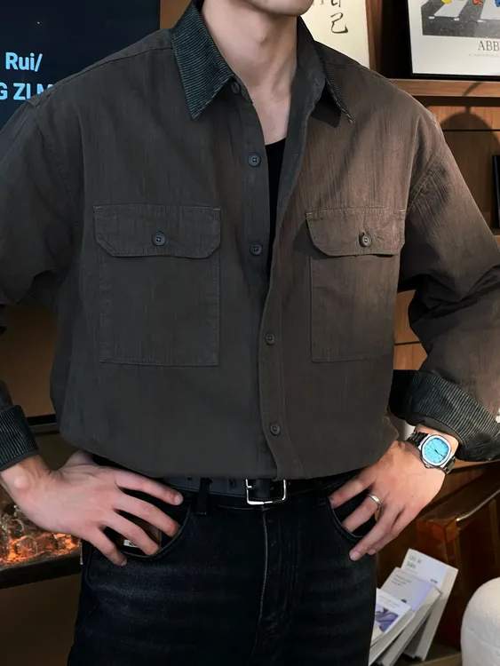 TENG-新款美式复古做旧水洗重磅衬衫长袖复古时尚男士上衣2548