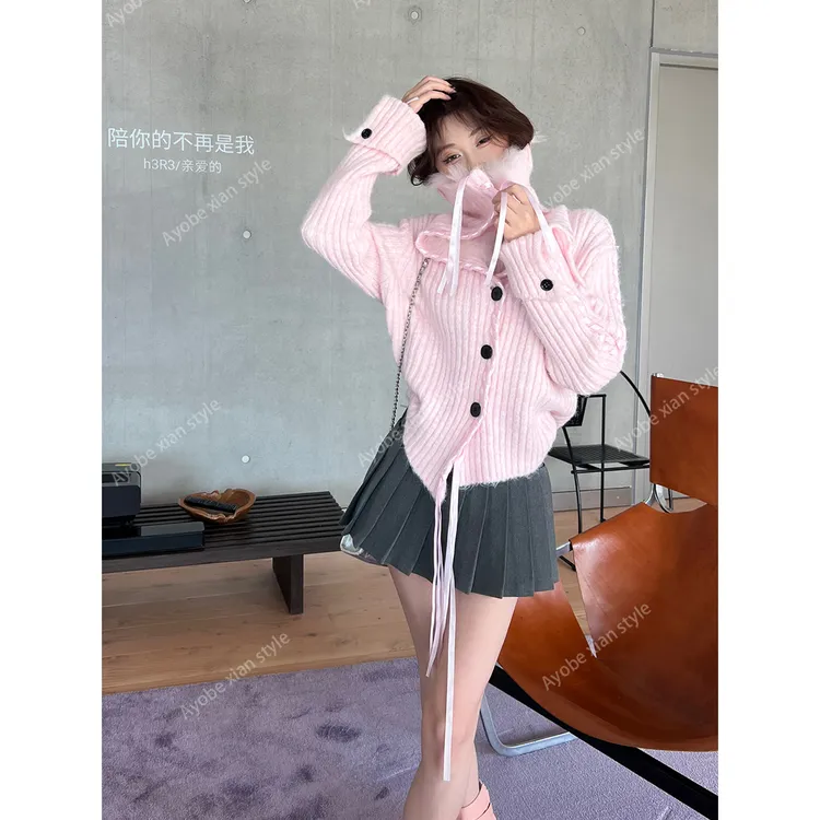 【AYOBE】小贤   狐狸毛重工翻领设计百搭时尚潮流时髦氛围缎带开衫