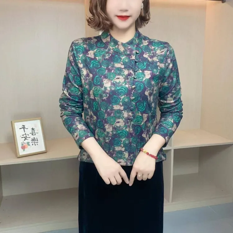 玫瑰印花木耳领宽松型立领长袖衬衫秋冬小衫冬季加绒网红妈妈装31