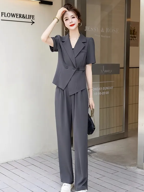 0221女装西装套装女夏季新款高级感洋气薄款西服阔腿裤两件套
