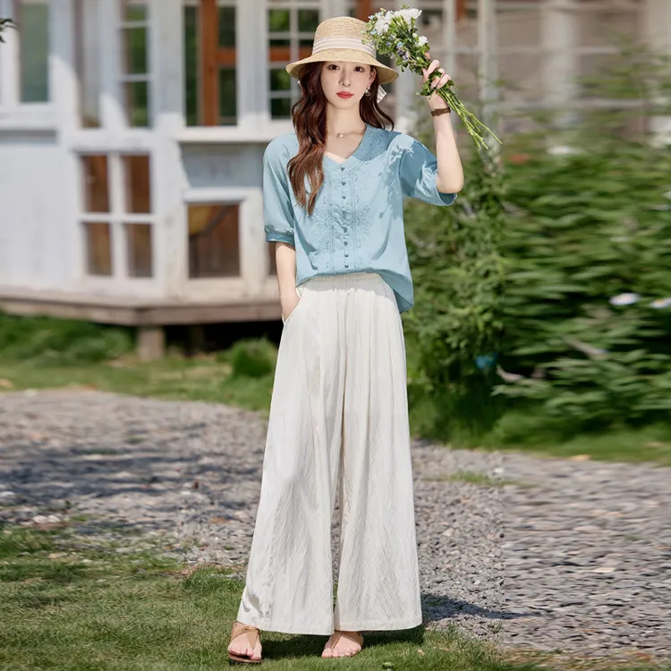 时尚套装2025夏季新款时尚气质洋气上衣阔腿裤显瘦两件套LU9029