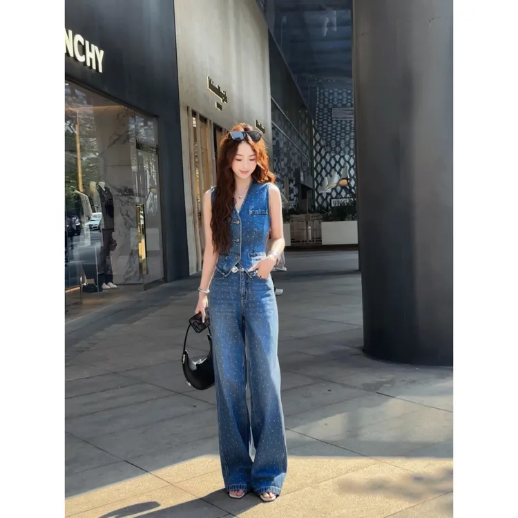 冉冉定制●【港岛情书】复古休闲牛仔波点两件套上衣+裤子LUC5TZ2621