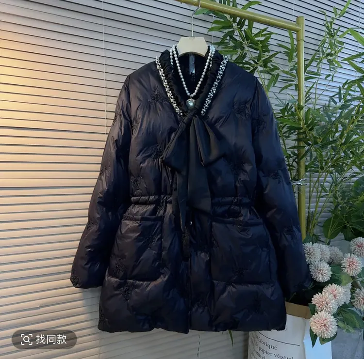 大码女装秋冬蝴蝶结系带收腰显瘦韩版夹棉加厚中长款棉服外套