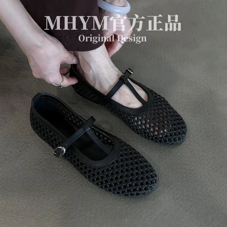 羊皮版~镂空透气外穿夏季玛丽珍凉鞋女一字带圆头浅口平底小单鞋