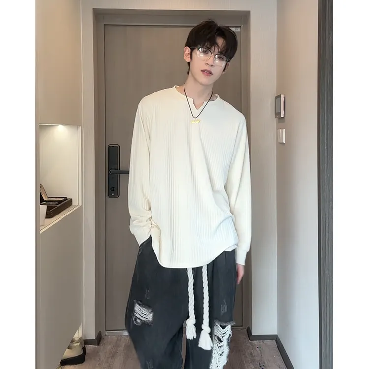 设计感V领卫衣男秋季百搭休闲简约宽松上衣纯色ins潮牌长袖打底衫