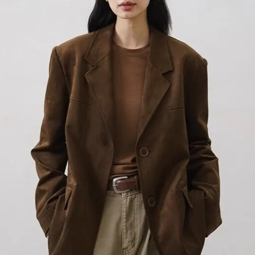 现货新款深棕咖色麂皮绒西装外套美式复古休闲西服秋冬季