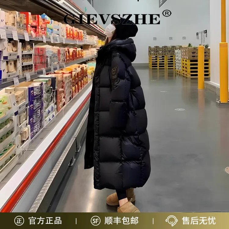 纪诗哲黑金鹅绒羽绒服女款冬季韩版连帽宽松过膝加厚保暖长款外套