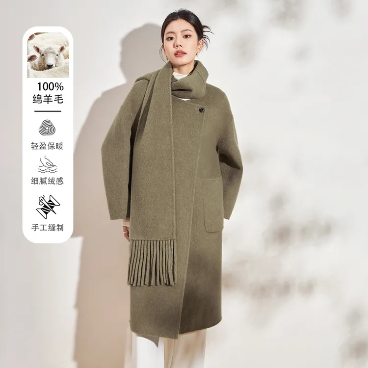 法式含羊驼毛大衣女纯色围巾高级感纯色廓形简约绵羊毛双面呢外套