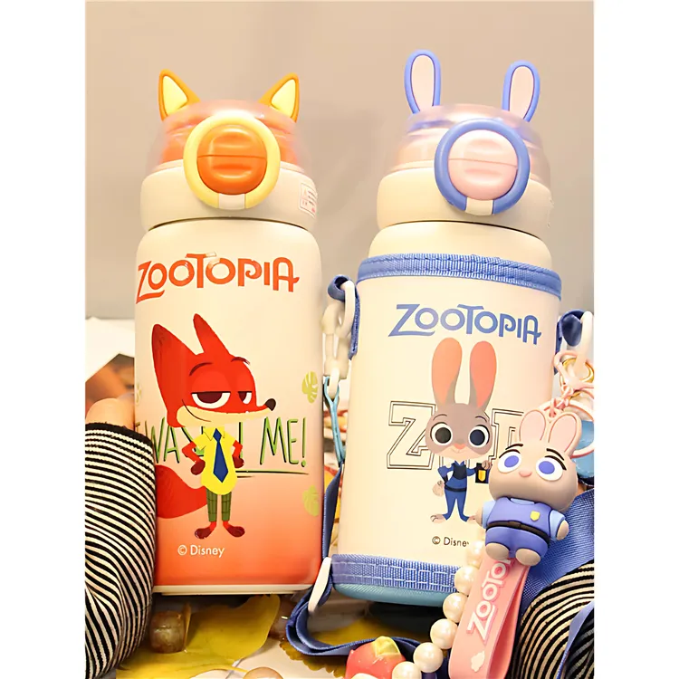 迪士尼疯狂动物城儿童保温杯男女孩上学吸管杯双饮斜挎杯套水杯子