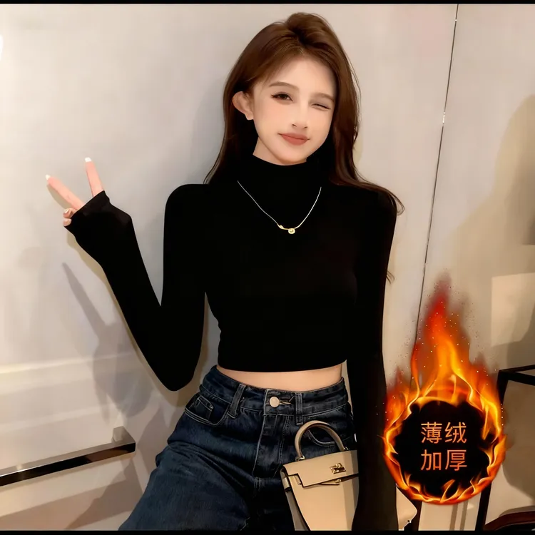 黑色薄绒半高领长袖打底衫女内搭秋冬加厚保暖紧身短款纯色上衣潮