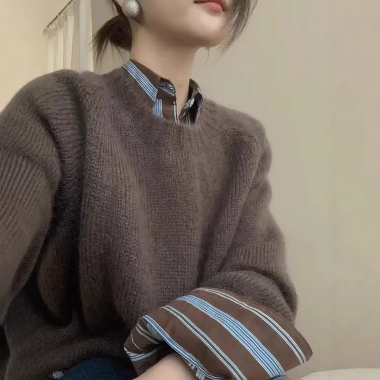 %纯羊毛衫女加厚美拉德色圆领毛衣女针织套头慵懒风软糯羊绒衣