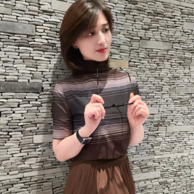 柏澜慧琳【中古条纹高弹】T恤女士抗皱性感半高领拼接百搭打底