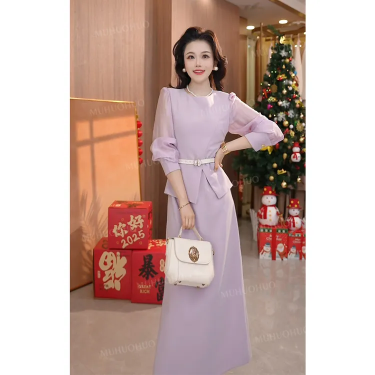 【克拉恋人】气质修身连衣裙显瘦长袖轻奢时尚休闲法式小众收腰裙子