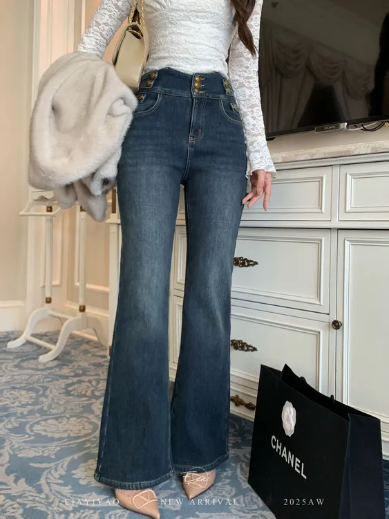 EIA一尧【一条过冬裤】冬季高腰显瘦复古牛仔裤加绒微喇百搭保暖裤