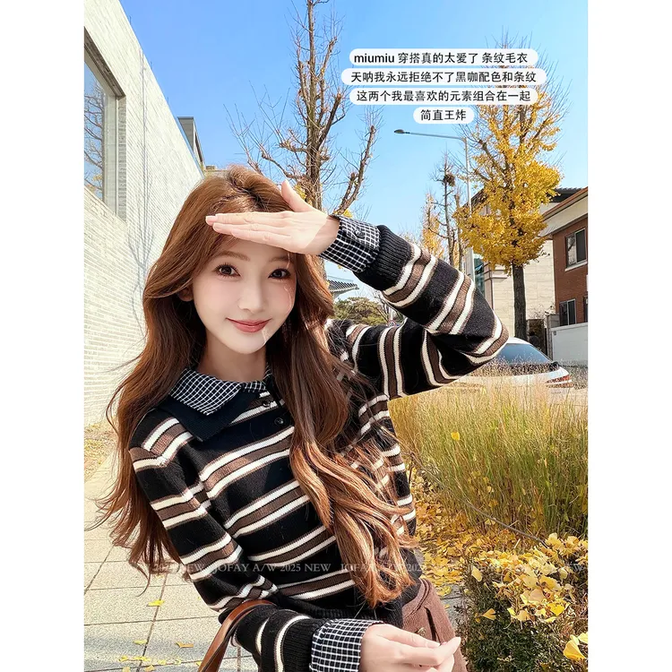 |韩综女孩|POLO领条纹长袖 韩版时尚套头针织 学院风 C1665