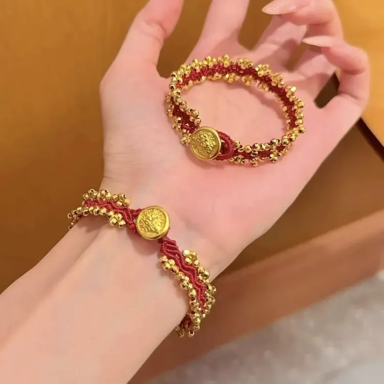 铜合金手链 爆闪蹦迪珠蕾丝波浪纹黄财神红绳手链