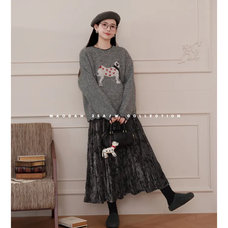 maodan/猫单【贝壳汪汪】【羊毛】孕妇装秋冬新品卡通气质毛衣半身裙