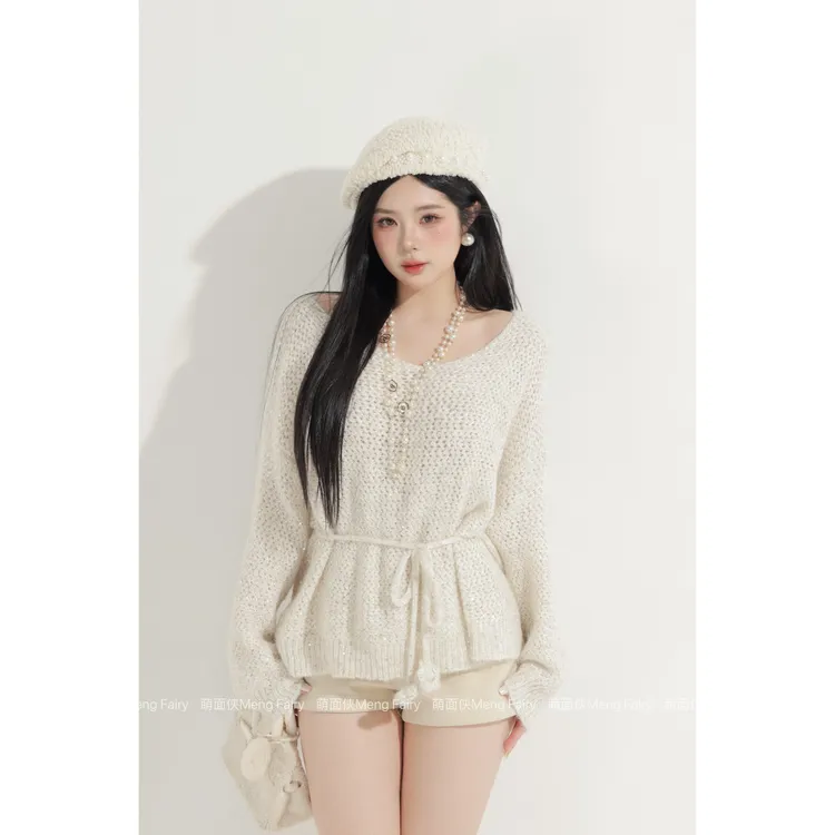 现货萌面侠【柔糯白纱】气质大圆领软糯带飘带羊毛毛织上衣6488M