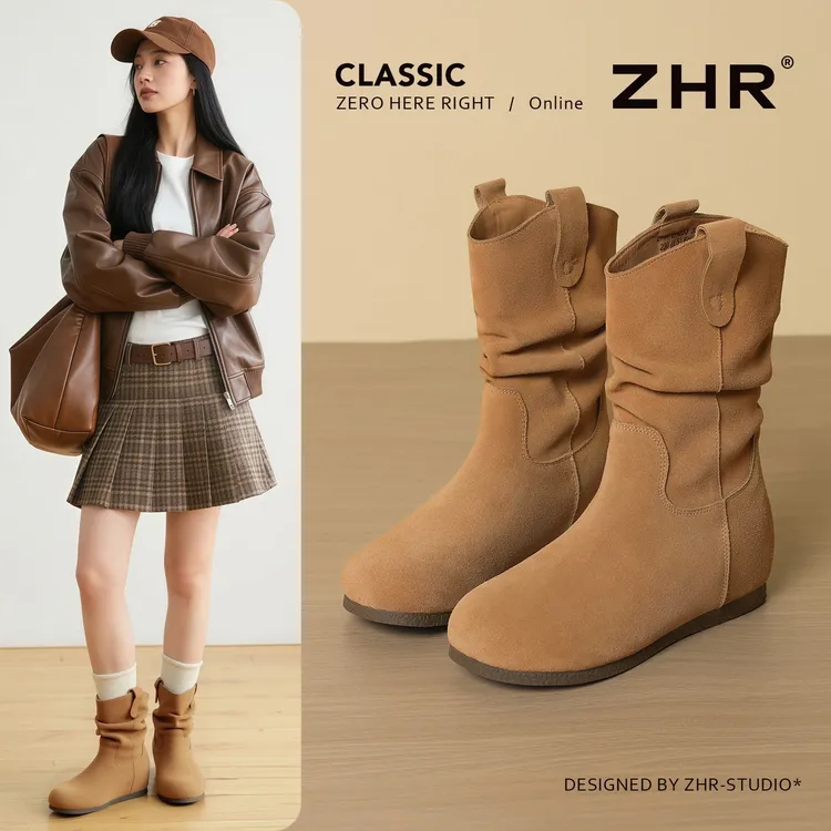 ZHR/则则短靴女2025秋冬季复古美拉德褶皱真皮堆堆靴内增高马丁靴