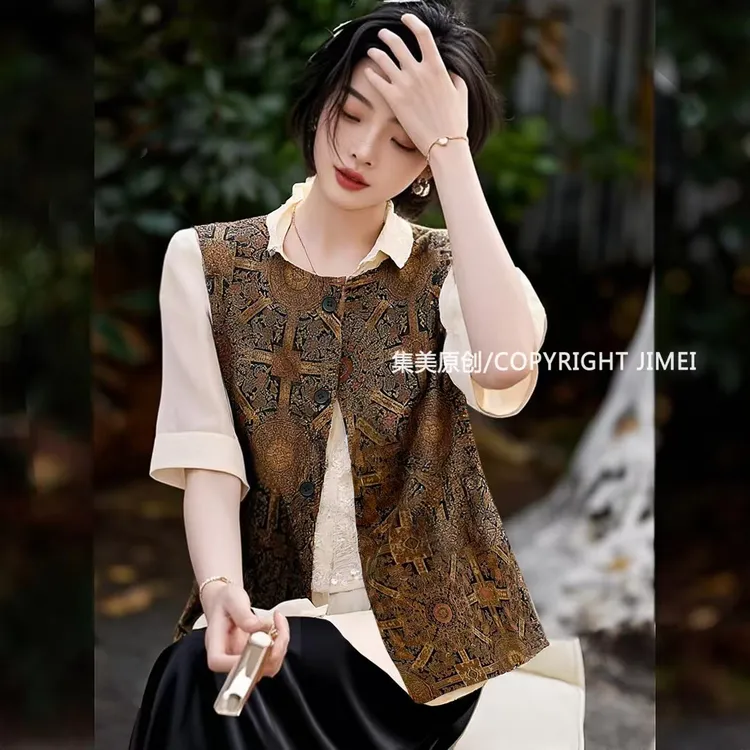 国风女装夏季新款马甲百搭休闲提花宽松圆领民族风时尚薄款女上衣