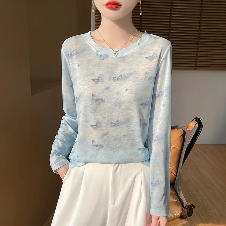 【现货宠粉】新款女圆领T恤小众法式奶芙垂感亲肤显瘦打底长袖上衣