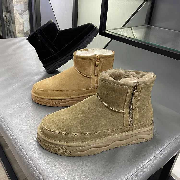 冬季2025防滑保暖时尚雪地靴厚底大棉鞋磨砂皮羊毛侧拉链百搭男鞋