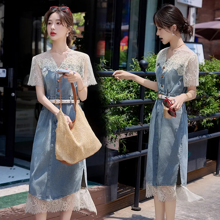 欧洲站蕾丝牛仔连衣裙女2025夏季轻奢气质高级感独特漂亮掐腰长裙