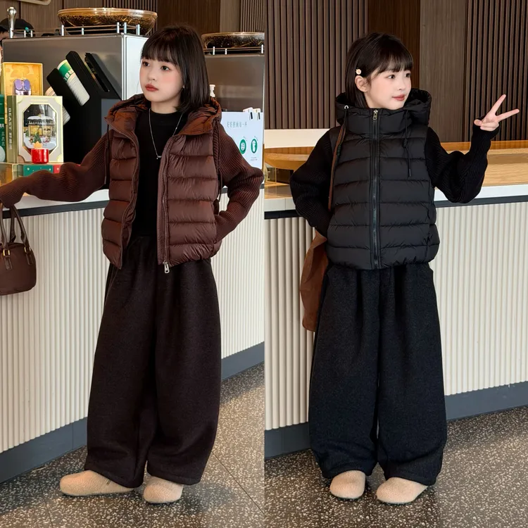 2025韩系连帽针织拼接排骨拼接棉衣冬季短款宽松面包服加绒阔腿裤