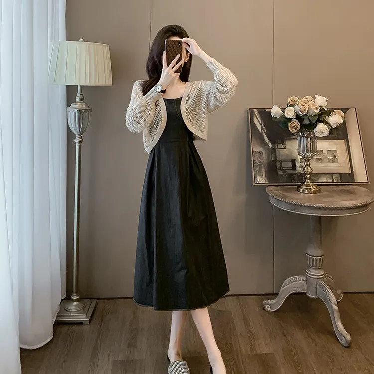 吊带连衣裙女2025早秋新款流行漂亮减龄长裙两件套装欧若风欧若风