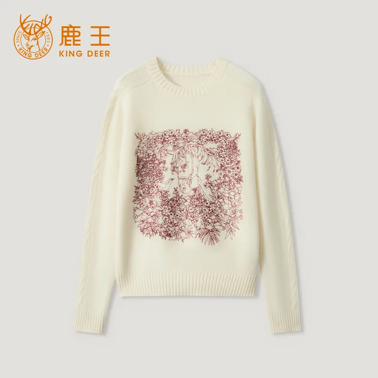 King Deer/鹿王新款线绣时尚宽松复古套头圆领羊绒衫L805686