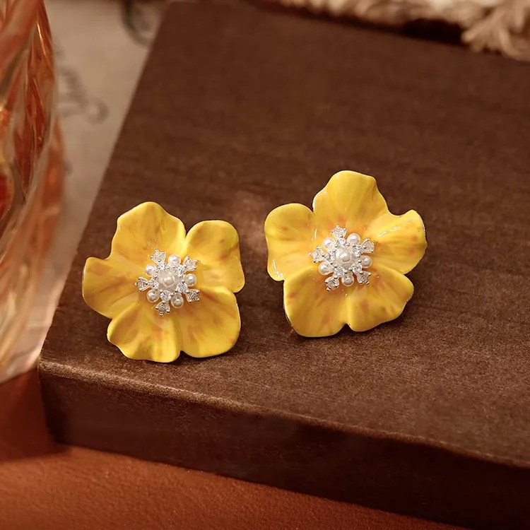铜合金耳饰 黄色滴釉海棠花耳钉女小众设计感耳环独特漂亮耳饰品