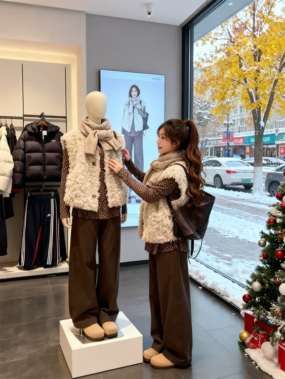 入冬季ootd穿搭韩风chic巨好看慵懒风复古毛毛马甲外套阔腿裤套装