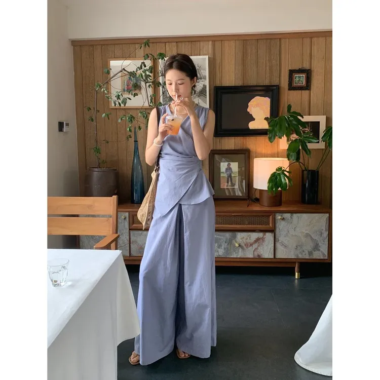 高智感 交叉法式V领无袖小衫+宽松直筒休闲裤百搭阔腿裤长裤套装