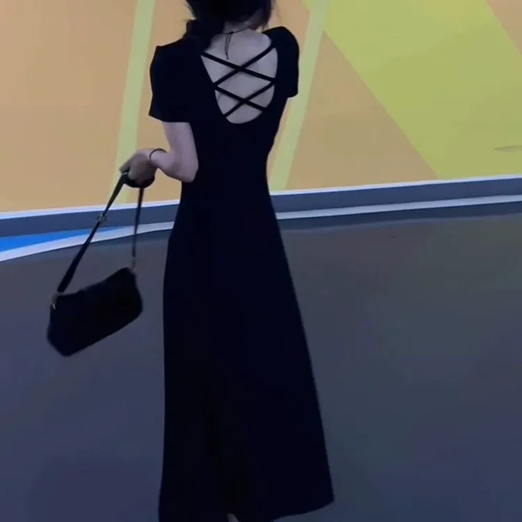后背镂空黑色短袖连衣裙女夏季新款气质收腰显瘦中长款高腰阔腿裤
