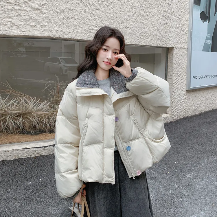 小众韩版立领设计感羽绒服2025冬季新款休闲学院风白鸭绒厚面包服