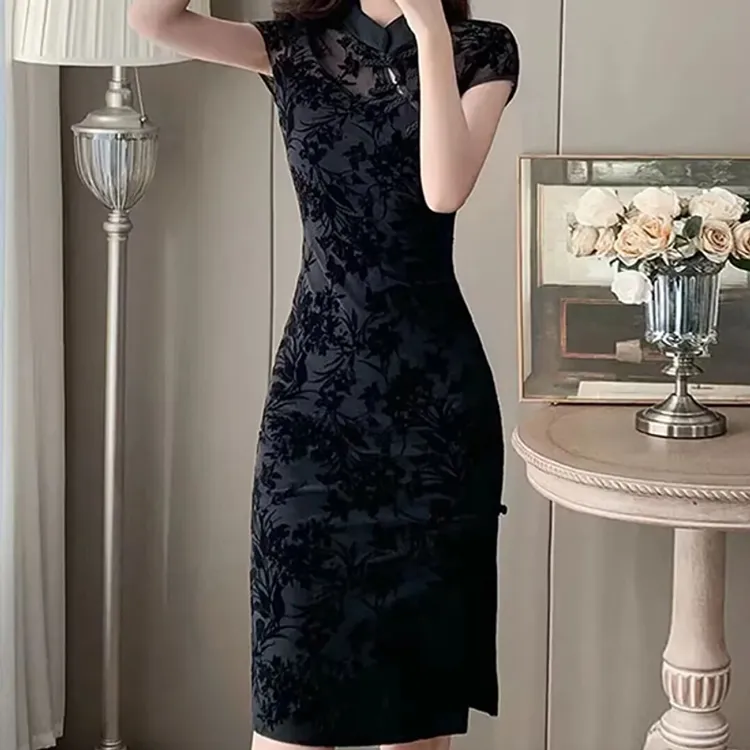 植绒旗袍春游夏季新款性感气质衣服炸街长款小众洋气连衣裙裙子